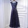 Chic / Beautiful Navy Blue Formal Dresses Prom Dresses 2017 Lace Flower Strappy Scoop Neck Short Sleeve Ankle Length A-Line / Princess