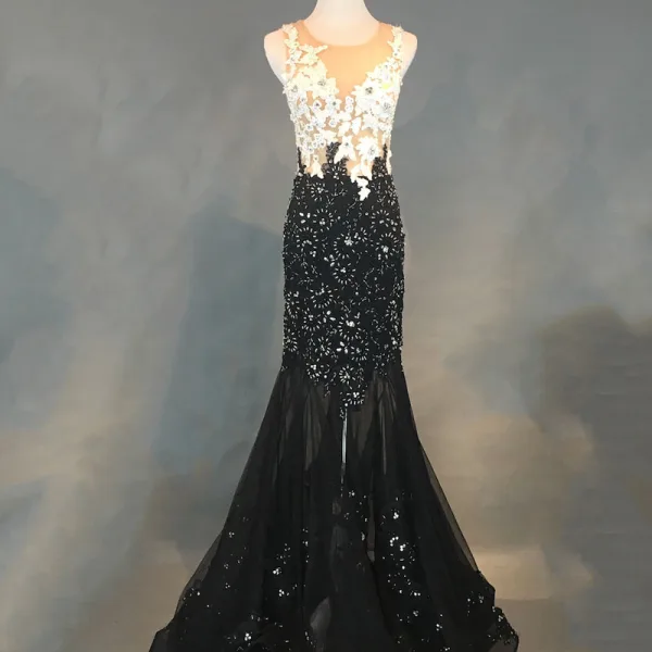 Luxury / Gorgeous Black Evening Dresses 2018 Trumpet / Mermaid Appliques Lace Beading Crystal Rhinestone Scoop Neck Sleeveless Floor-Length / Long Formal Dresses