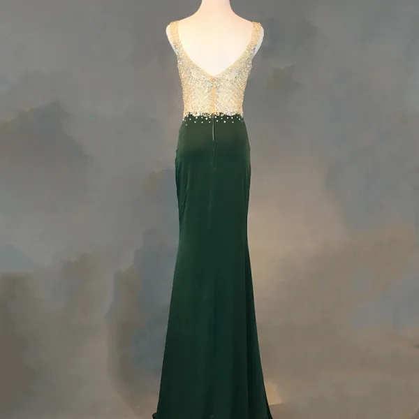 Chic / Beautiful Dark Green Evening Dresses 2018 Trumpet / Mermaid Handmade Beading Crystal Rhinestone V-Neck Backless Sleeveless Floor-Length / Long Formal Dresses