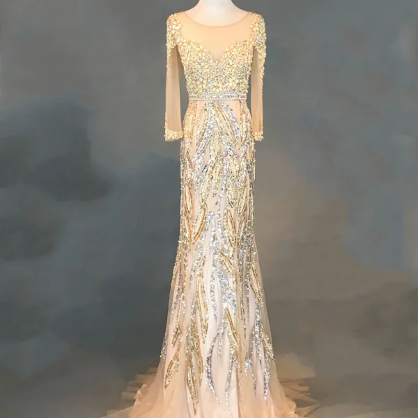 Luxury / Gorgeous Champagne Evening Dresses 2018 Trumpet / Mermaid Beading Crystal Pearl Rhinestone Sequins Scoop Neck Long Sleeve Sweep Train Formal Dresses