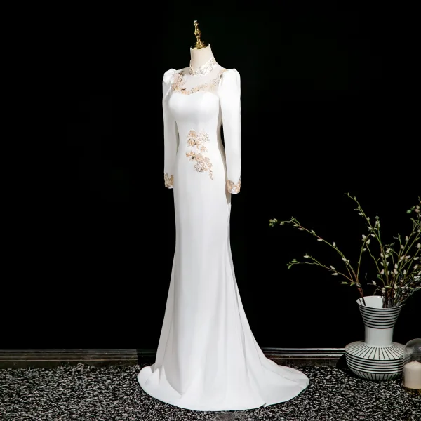 Chic / Belle Ivoire Paillettes En Dentelle Fleur Robe De Soirée 2025 Trompette / Sirène Col Haut Manches Longues Train De Balayage Soirée Robe De Ceremonie