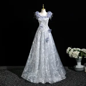 Élégant Bleu Ciel Perlage Appliques Faux Diamant Paillettes Robe De Bal 2025 Princesse Encolure Carrée Sans Manches Dos Nu Longue Promo Robe De Ceremonie