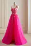 Accrocheuse Glitter Paillettes Fushia Robe De Bal 2024 Princesse Bretelles Spaghetti Dos Nu Sans Manches Longue Robe De Soirée