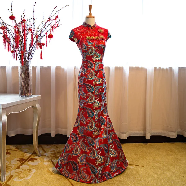 Chinese style Red Evening Dresses 2018 Trumpet / Mermaid Lace Embroidered Sequins Flower High Neck Short Sleeve Floor-Length / Long Formal Dresses