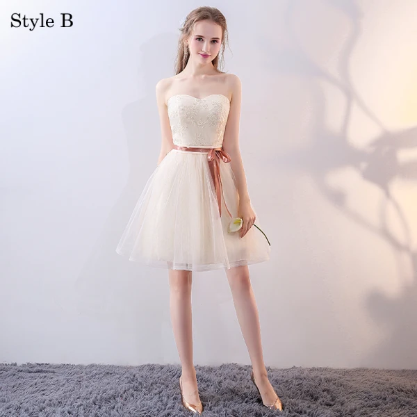 Chic / Beautiful Champagne Bridesmaid Dresses 2018 A-Line / Princess Bow Lace Sleeveless Backless Short Wedding Party Dresses