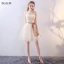 Chic / Beautiful Champagne Bridesmaid Dresses 2018 A-Line / Princess Bow Lace Sleeveless Backless Short Wedding Party Dresses