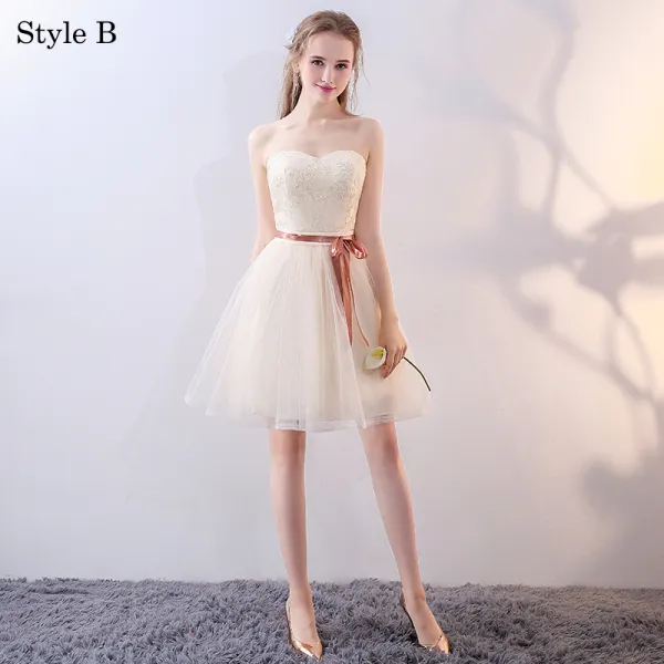 Hermoso Champan Vestidos De Damas De Honor 2018 A Line Princess Bowknot Con Encaje Sin