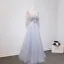 Chic / Beautiful Silver Evening Dresses  2018 A-Line / Princess Lace Flower Appliques Bow Scoop Neck Backless Short Sleeve Floor-Length / Long Formal Dresses