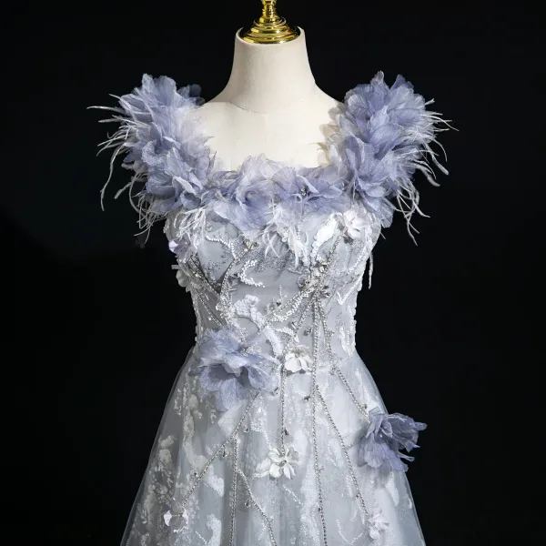 Elegante Himmelblau Perlenstickerei Applikationen Strass Pailletten Ballkleider 2025 A Linie Eckiger Ausschnitt Ärmellos Rückenfreies Lange Ball Festliche Kleider