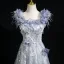 Elegante Himmelblau Perlenstickerei Applikationen Strass Pailletten Ballkleider 2025 A Linie Eckiger Ausschnitt Ärmellos Rückenfreies Lange Ball Festliche Kleider