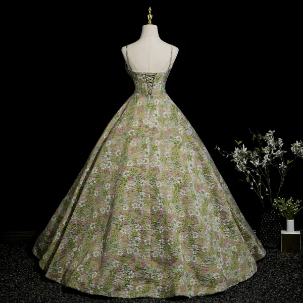 Flower Fairy Sage Green Pearl Rhinestone Lace Flower Floral Prom Dresses 2025 Ball Gown Spaghetti Straps Sleeveless Backless Floor-Length / Long Formal Dresses