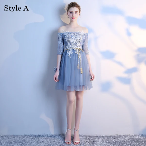 Chic / Beautiful Summer Sky Blue Bridesmaid Dresses 2018 A-Line / Princess Appliques Lace Bow Backless Short Wedding Party Dresses
