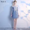 Hermoso Verano Azul Cielo Vestidos De Damas De Honor 2018 A-Line / Princess Apliques Con Encaje Bowknot Sin Espalda Cortos Vestidos para bodas