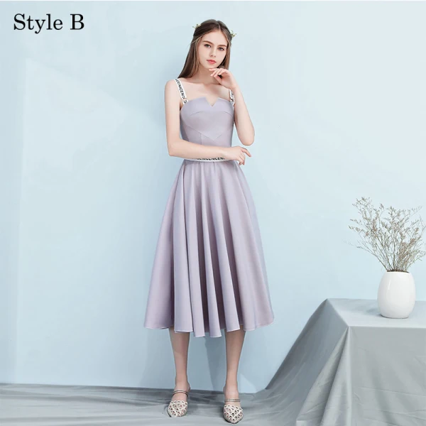 Simple Gris Robe Demoiselle D'honneur 2018 Princesse Sans Manches Dos Nu Thé Longueur Robe Pour Mariage