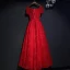 Chic / Beautiful Red Formal Dresses Evening Dresses  2017 Lace Flower Bow Sequins Square Neckline Short Sleeve Ankle Length A-Line / Princess
