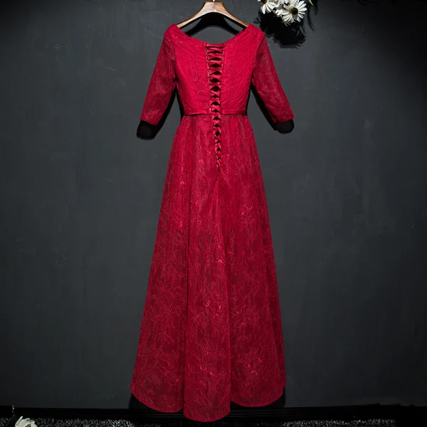 Chic / Beautiful Red Formal Dresses Evening Dresses  2017 Lace Flower Sequins Scoop Neck 1/2 Sleeves Ankle Length A-Line / Princess