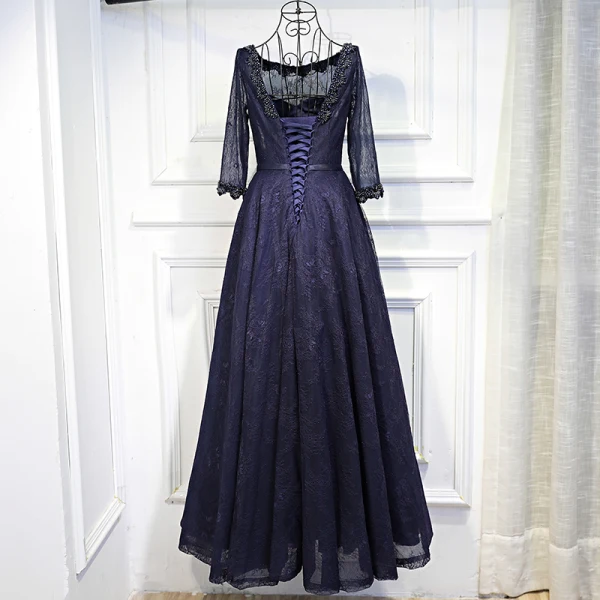 Chic / Belle Bleu Marine Robe De Ceremonie 2017 En Dentelle Fleur Paillettes Noeud Encolure Dégagée 3/4 Manches Longueur Cheville Princesse Robe De Soirée