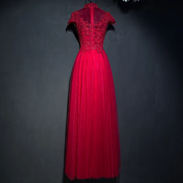 Chic / Belle Rouge Robe De Ceremonie 2017 En Dentelle Fleur Paillettes Col Haut Manches Courtes Longue Empire Robe De Soirée