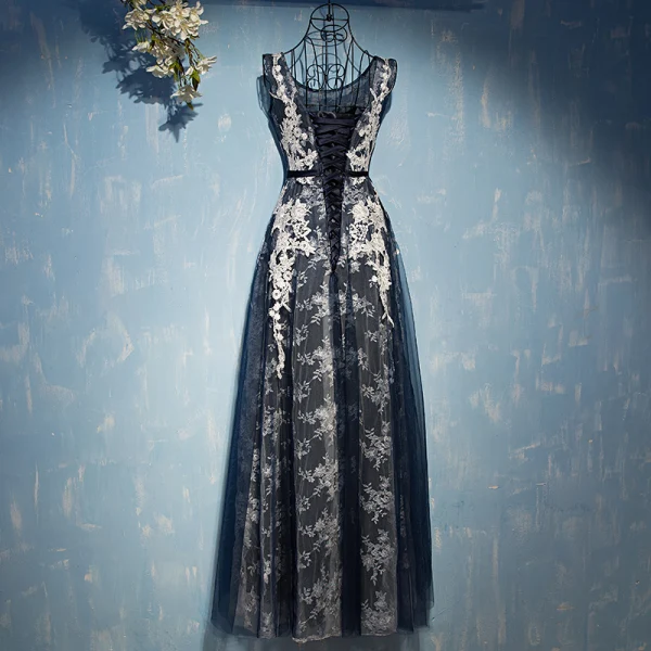 Elegant Navy Blue Formal Dresses 2017 Lace Flower Bow Scoop Neck Sleeveless Ankle Length Empire Evening Dresses
