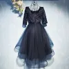 Chic / Beautiful Navy Blue Formal Dresses Evening Dresses  2017 Lace Flower Bow Sequins Scoop Neck 1/2 Sleeves Short A-Line / Princess