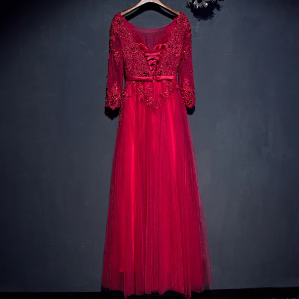 Chic / Beautiful Red Formal Dresses Evening Dresses 2017 Lace Flower Sequins Pearl 3/4 Sleeve V-Neck Ankle Length A-Line / Princess