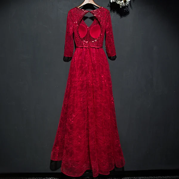 Chic / Belle Rouge Robe De Ceremonie Robe De Soirée 2017 Dentelle Paillettes Noeud Dos Nu Longueur Cheville V-Cou 3/4 Manches Princesse