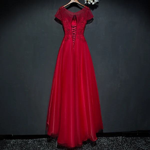 Chic / Belle Rouge Robe De Ceremonie Robe De Soirée 2017 En Dentelle Fleur Paillettes Perle Encolure Dégagée Manches Courtes Princesse