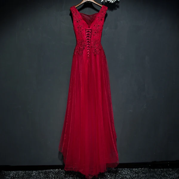 Chic / Beautiful Red Formal Dresses Evening Dresses  2017 Lace Flower Sleeveless Square Neckline A-Line / Princess