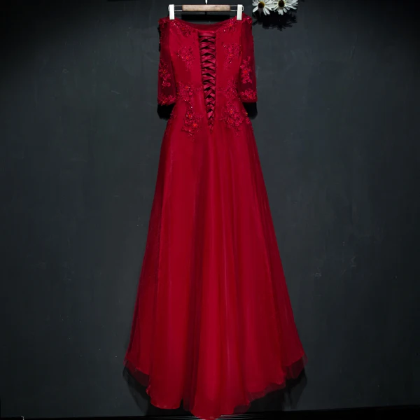 Chic / Beautiful Red Formal Dresses Evening Dresses 2017 Lace Flower Sequins Off-The-Shoulder 1/2 Sleeves Ankle Length A-Line / Princess