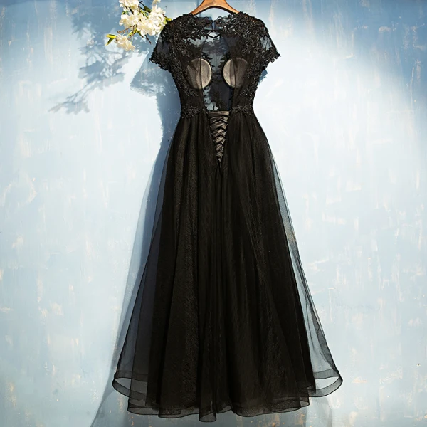 Elegant Black Formal Dresses 2017 Lace Flower Sequins Backless Ankle Length Short Sleeve A-Line / Princess Evening Dresses