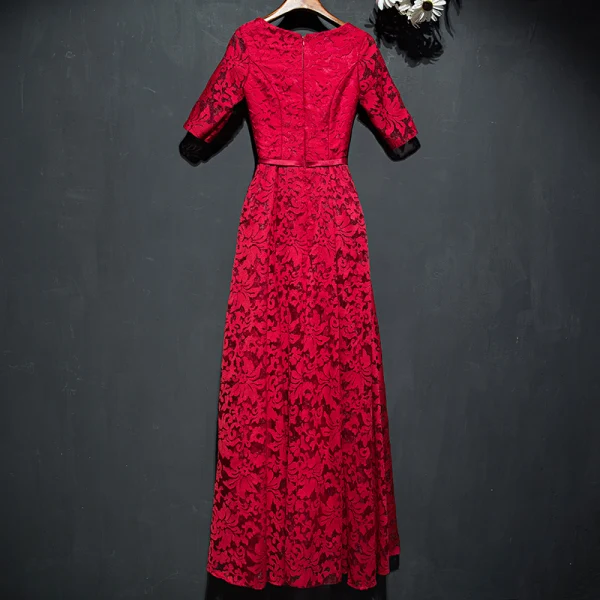 Chic / Belle Rouge Robe De Ceremonie 2017 En Dentelle Fleur Encolure Dégagée 1/2 Manches Longueur Cheville Princesse Robe De Soirée