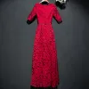 Chic / Beautiful Red Formal Dresses 2017 Lace Flower Scoop Neck 1/2 Sleeves Ankle Length A-Line / Princess Evening Dresses
