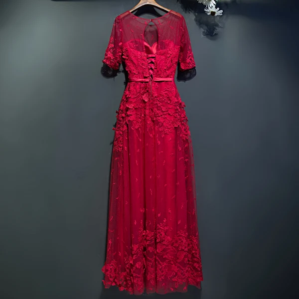 Chic / Beautiful Red Formal Dresses 2017 Lace Flower Strappy 1/2 Sleeves Ankle Length Empire Evening Dresses
