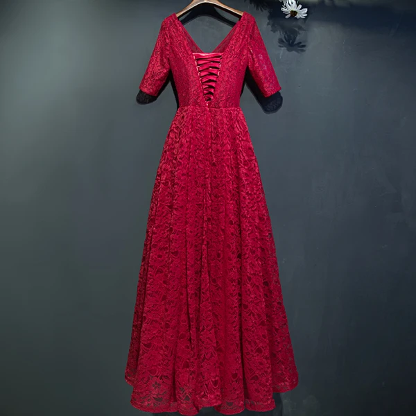 Chic / Belle Rouge Robe De Ceremonie 2017 En Dentelle Fleur Dos Nu 1/2 Manches V-Cou Longueur Cheville Empire Robe De Soirée