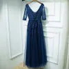Modest / Simple Navy Blue Wedding Party Dresses Bridesmaid Dresses 2017 Lace Flower Sequins V-Neck Ankle Length Bridesmaid 1/2 Sleeves Empire