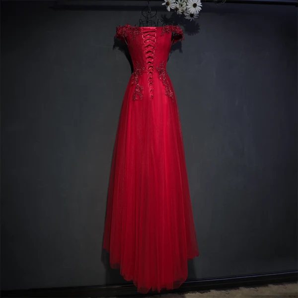 Chic / Beautiful Red Formal Dresses Evening Dresses 2017 Lace Flower Strappy Sequins Square Neckline Short Sleeve Empire