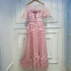 Lovely Candy Pink Formal Dresses 2017 Lace Flower Strappy Scoop Neck 1/2 Sleeves Tea-length A-Line / Princess Prom Dresses