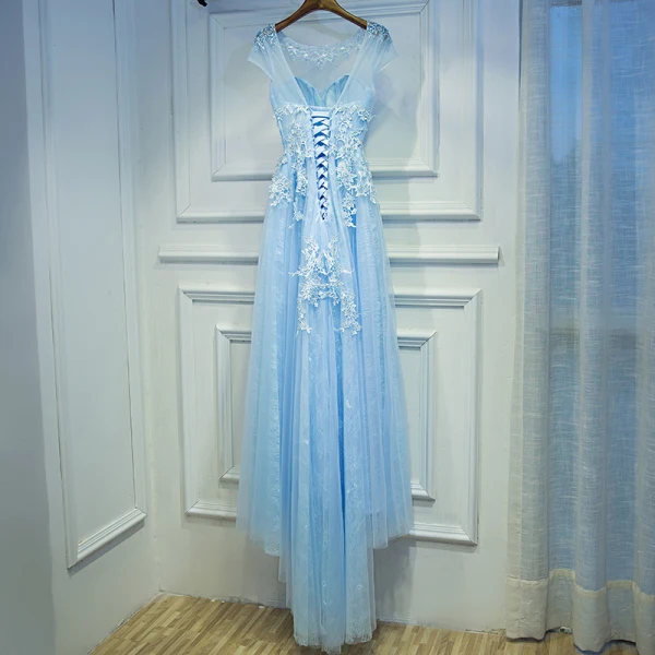 Elegant Sky Blue Wedding Party Dresses 2017 Empire Lace Flower Beading Scoop Neck Short Sleeve Tea-length Bridesmaid Dresses