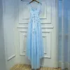 Elegant Sky Blue Wedding Party Dresses 2017 Empire Lace Flower Beading Scoop Neck Short Sleeve Tea-length Bridesmaid Dresses