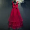 Chic / Beautiful Red Formal Dresses A-Line / Princess Bow V-Neck Sleeveless Ankle Length 2017 Prom Dresses