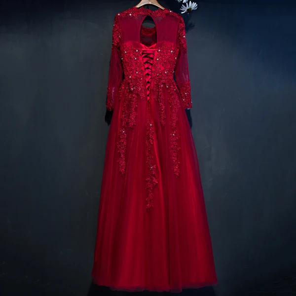 Chic / Belle Rouge Robe De Ceremonie 2017 Princesse Dentelle Fleur Perlage Cristal Encolure Dégagée Manches Longues Longue Robe De Soirée