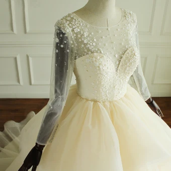 Luxury Gorgeous Champagne Wedding Dresses 2017 Scoop Neck Long Sleeve Beading Artificial Flowers Backless Cascading Ruffles Tulle Ball Gown Chapel Train