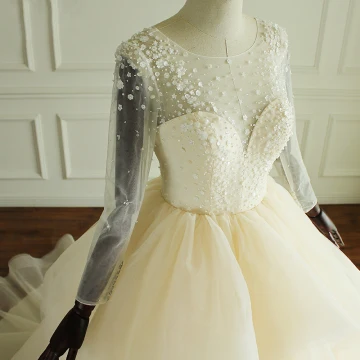 Luxury Gorgeous Champagne Wedding Dresses 2017 Scoop Neck Long Sleeve Beading Artificial Flowers Backless Cascading Ruffles Tulle Ball Gown Chapel Train