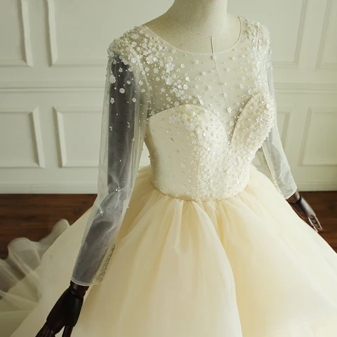 Luxe Champagne Robe De Mariée 2017 Encolure Dégagée Manches Longues Perlage Fleurs Artificielles Dos Nu Volants en Cascade Tulle Robe Boule Chapel Train
