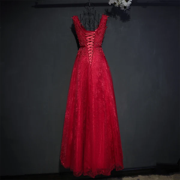 Chic / Beautiful Red Formal Dresses 2017 Lace Flower Sequins Pearl V-Neck Sleeveless Floor-Length / Long Empire Evening Dresses