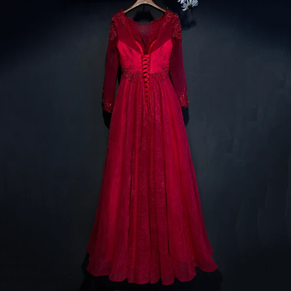 Chic / Belle Rouge Robe De Ceremonie 2017 Fleur Dentelle Perlage 3/4 Manches Longue Princesse Robe De Soirée