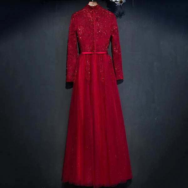 Chic / Beautiful Red Formal Dresses 2017 A-Line / Princess Lace Flower Beading High Neck Floor-Length / Long Long Sleeve Evening Dresses