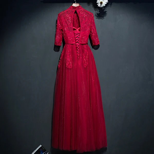 Chic / Belle Rouge Robe De Ceremonie Robe De Soirée 2017 En Dentelle Fleur Noeud Paillettes Col Haut 1/2 Manches Longueur Cheville Princesse