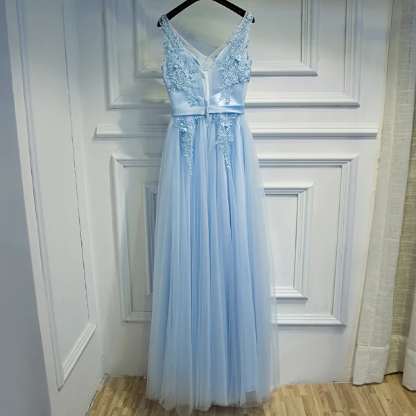 Elegant Sky Blue Bridesmaid Dresses 2017 A-Line / Princess Lace Flower Beading Backless V-Neck Sleeveless Ankle Length Wedding Party Dresses