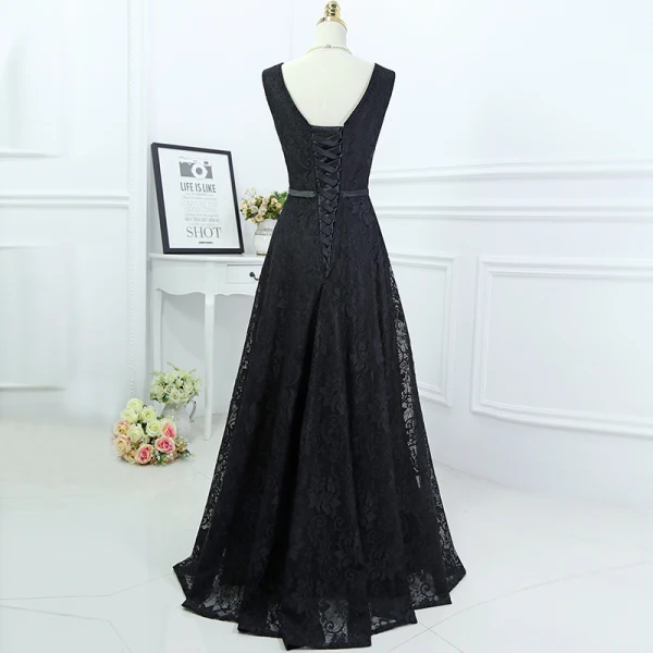 Classic Black Formal Dresses 2017 A-Line / Princess Lace Flower Bow V-Neck Sleeveless Floor-Length / Long Evening Dresses